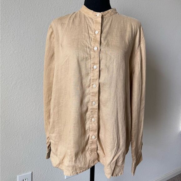 Ann Taylor 100% Linen Button Front Shirt Sz XL Tan Long Sleeve Blouse Minimalist - Picture 1 of 5
